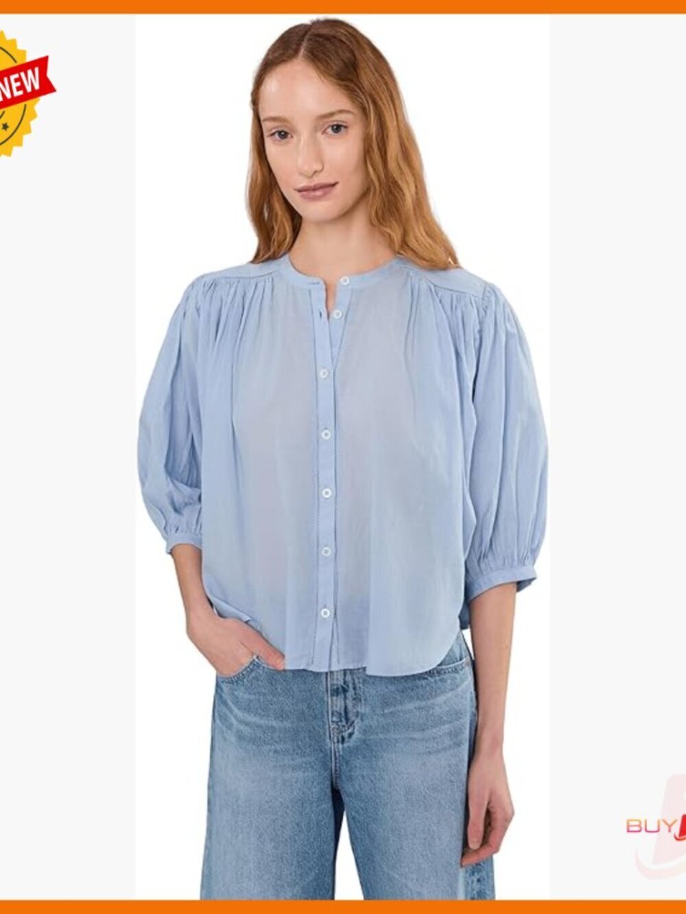 Cotton Blend Button-Down Blouse with Puff Sleeves and Lace Accents